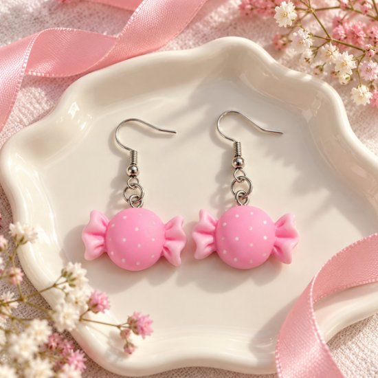 Imagem de Brinco Kawaii Docinho Rosa com Bolinhas Brancas